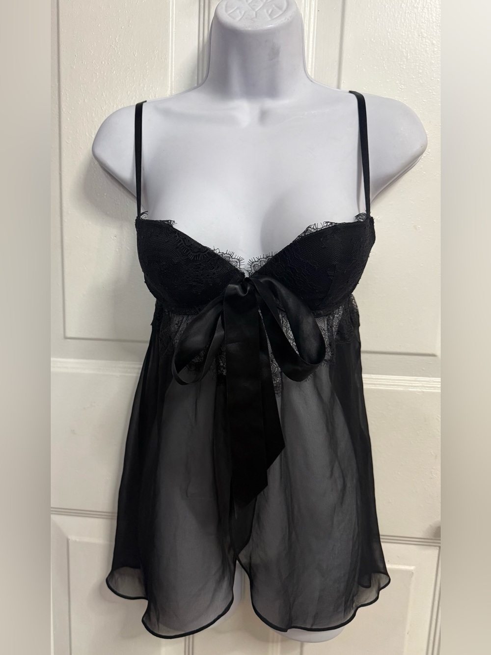 Victoria's Secret Black Lace & Sheer Babydoll with Satin Bow